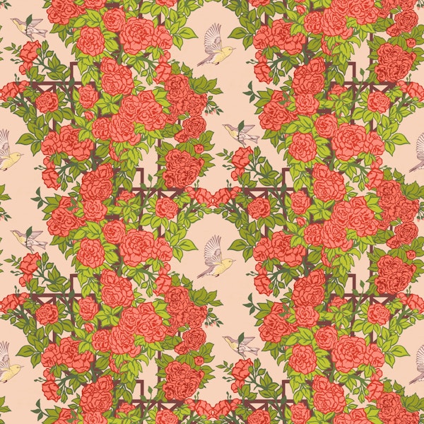 Rose Trellis and Birds on Peach