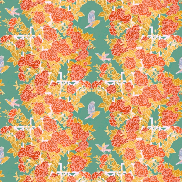 Rose Trellis and Birds on Green