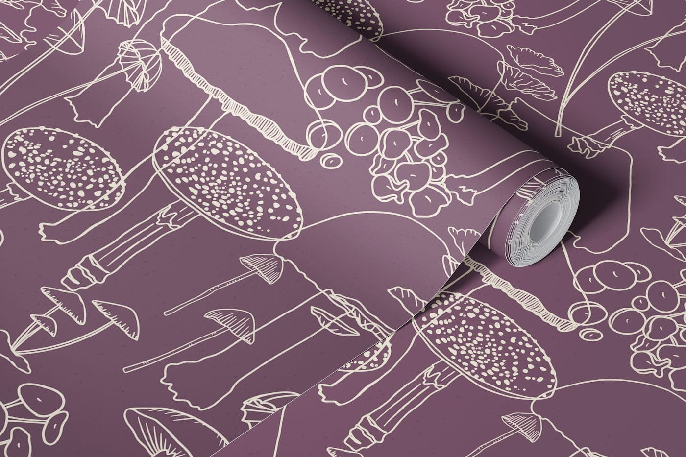 Sketchy Mushrooms on Purple wallpaper roll