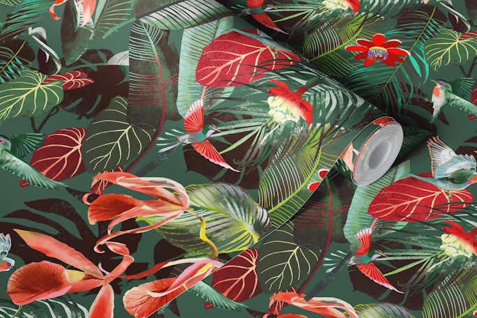 dark jungle hummingbirds palm frondswallpaper roll