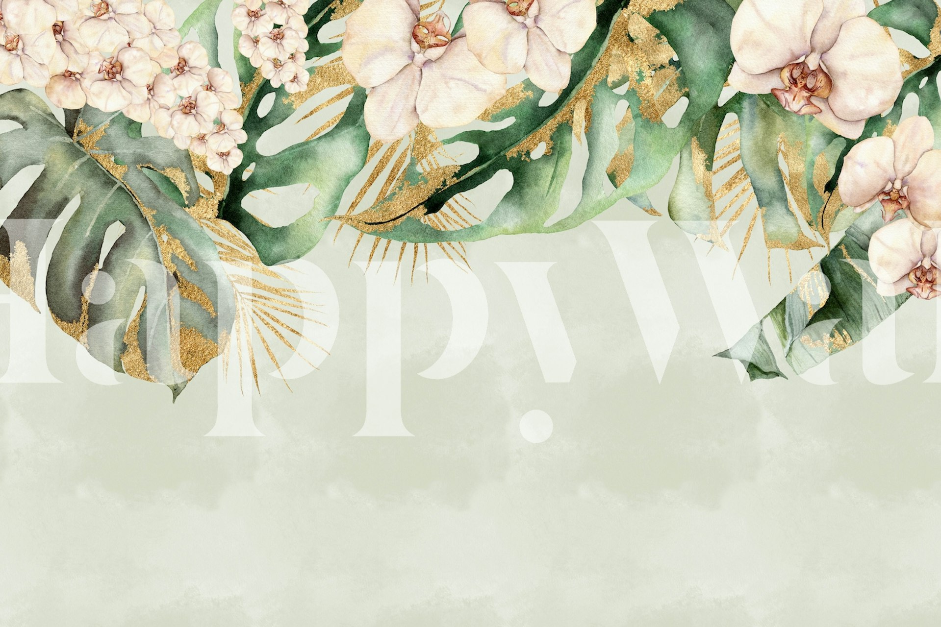 Tropical floral wallpaper featuring green leaves and pink orchids