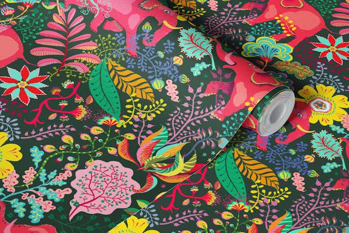pink elephants in a lush junglewallpaper roll