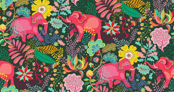 pink elephants in a lush jungle
