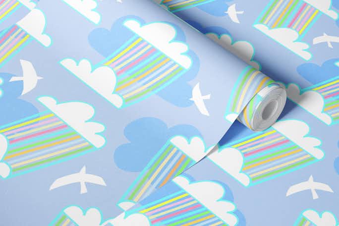Whimsical Retro Rainbow Clouds on Bluewallpaper roll