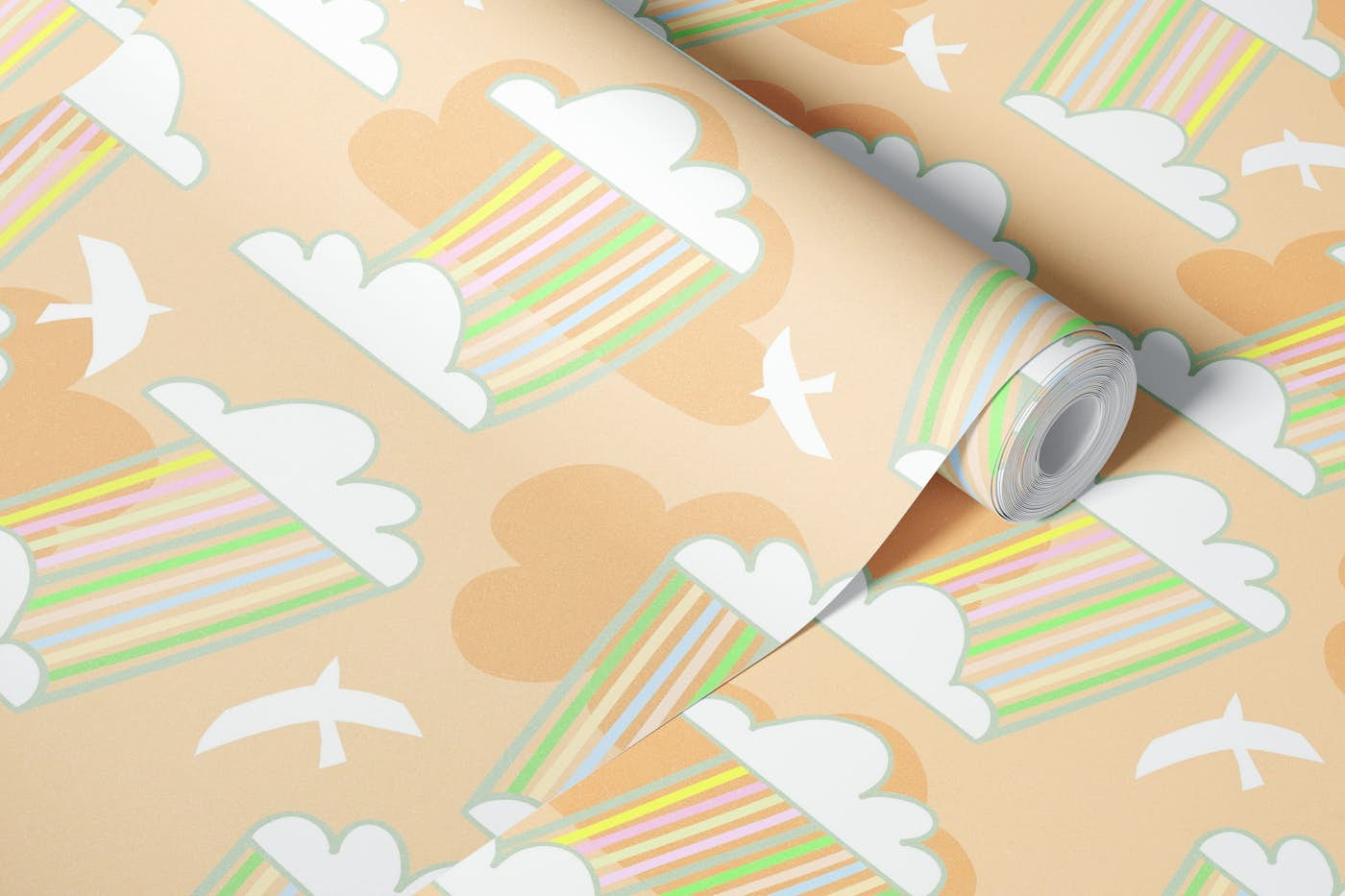 Whimsical Retro Rainbow Clouds on Sandy tone wallpaper roll