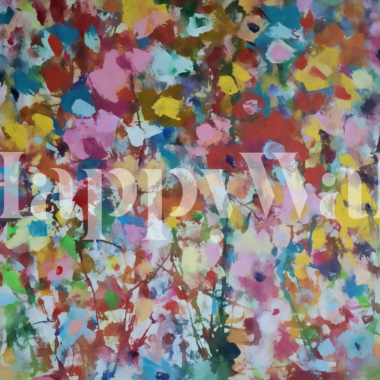 Colorful floral pattern wallpaper in pink, blue, yellow, and green strokes