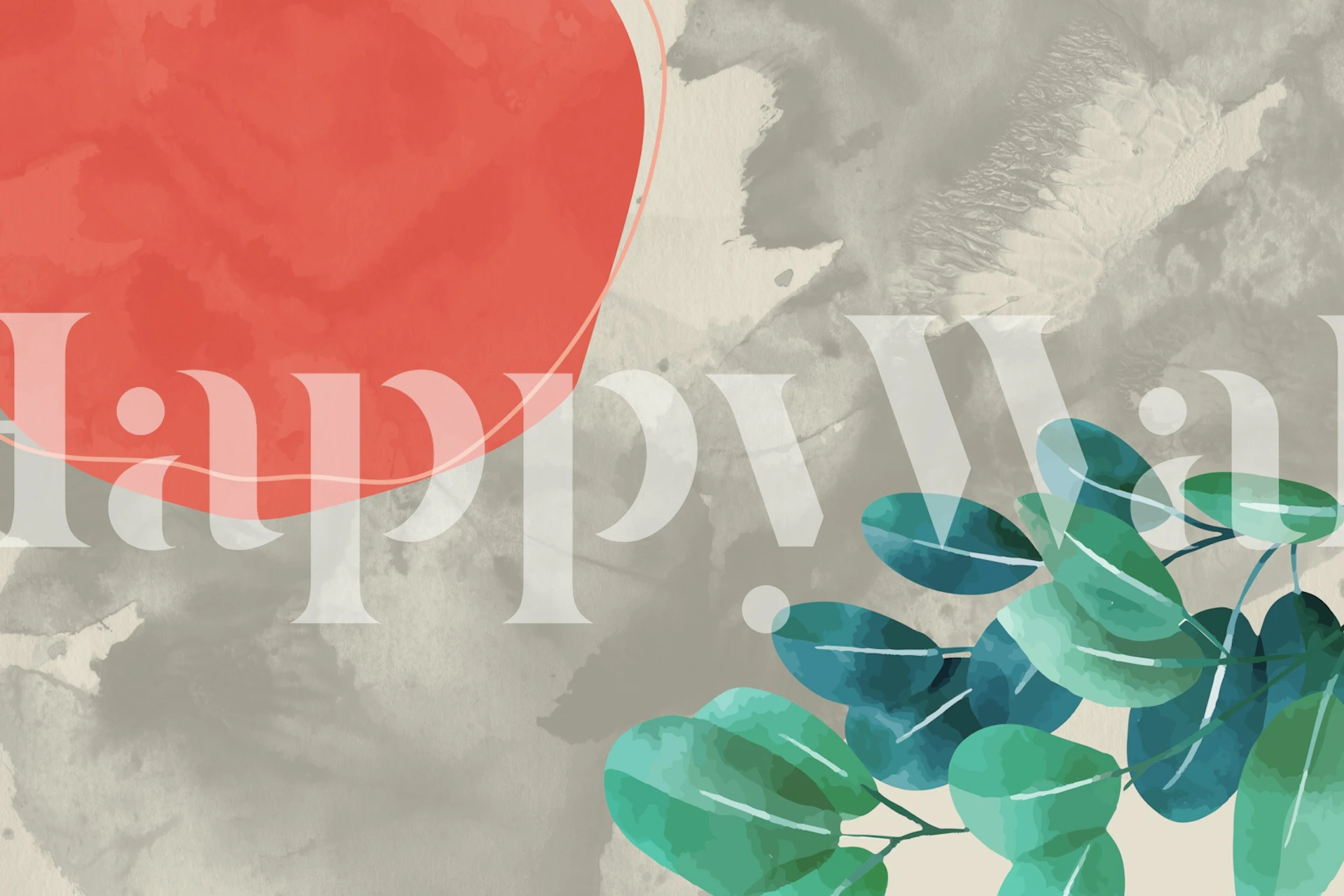 Tropical leaves in green with coral shape on gray background wallpaper