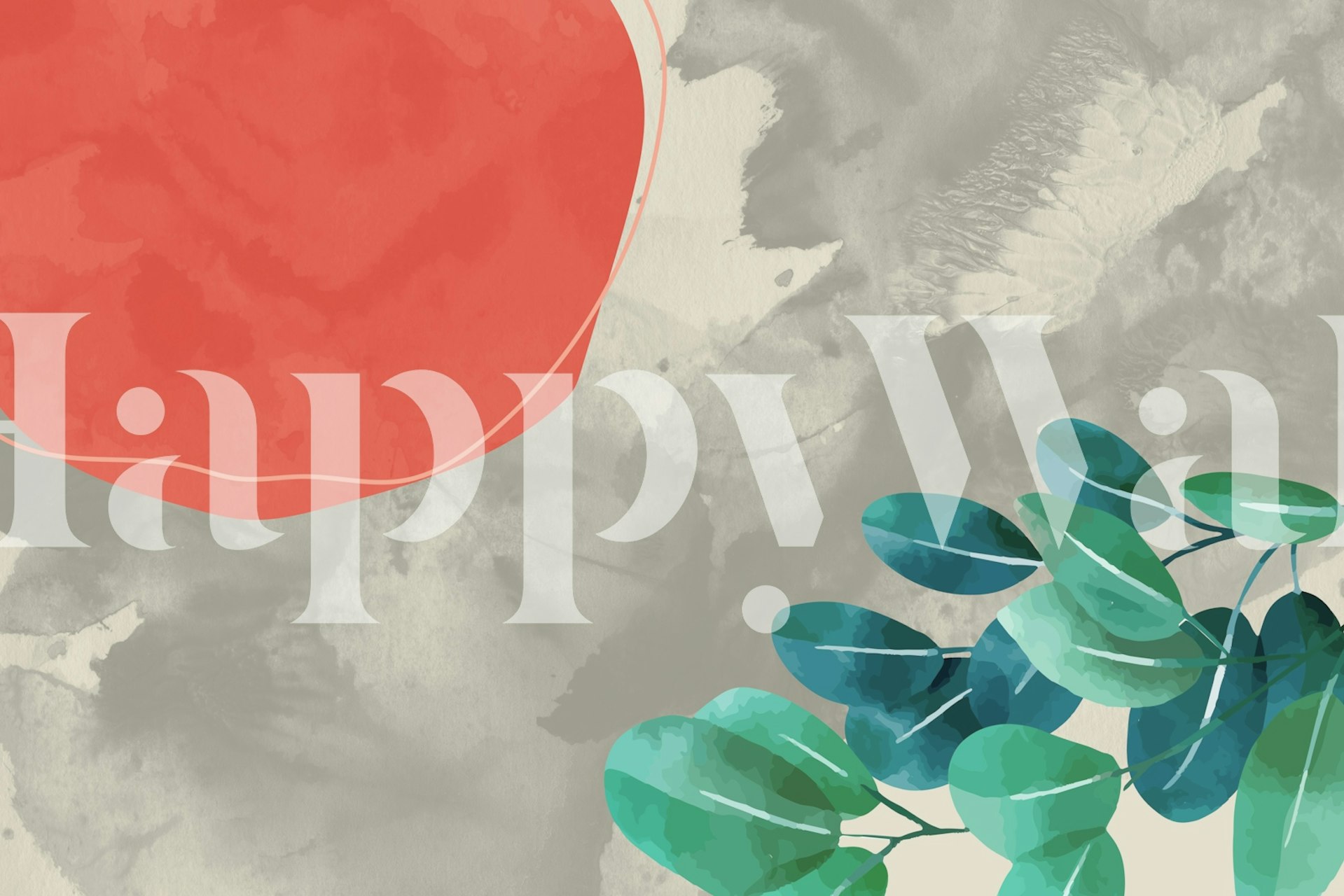 Tropical leaves in green with coral shape on gray background wallpaper