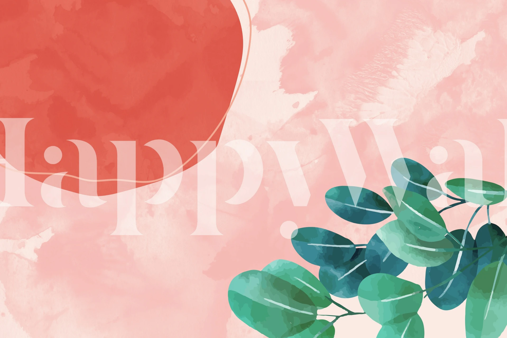 Pink and green abstract mural with circular shapes and leaves wallpaper