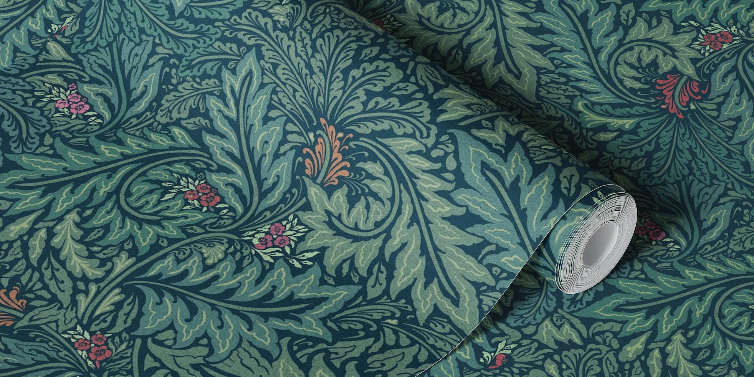 Floral foliage pattern in green and pink colors wallpaper