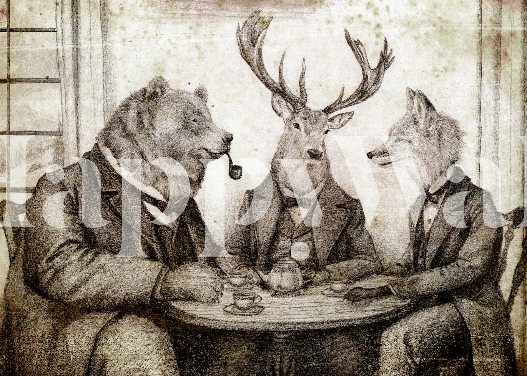 Bear, deer, and fox in suits at tea table wallpaper