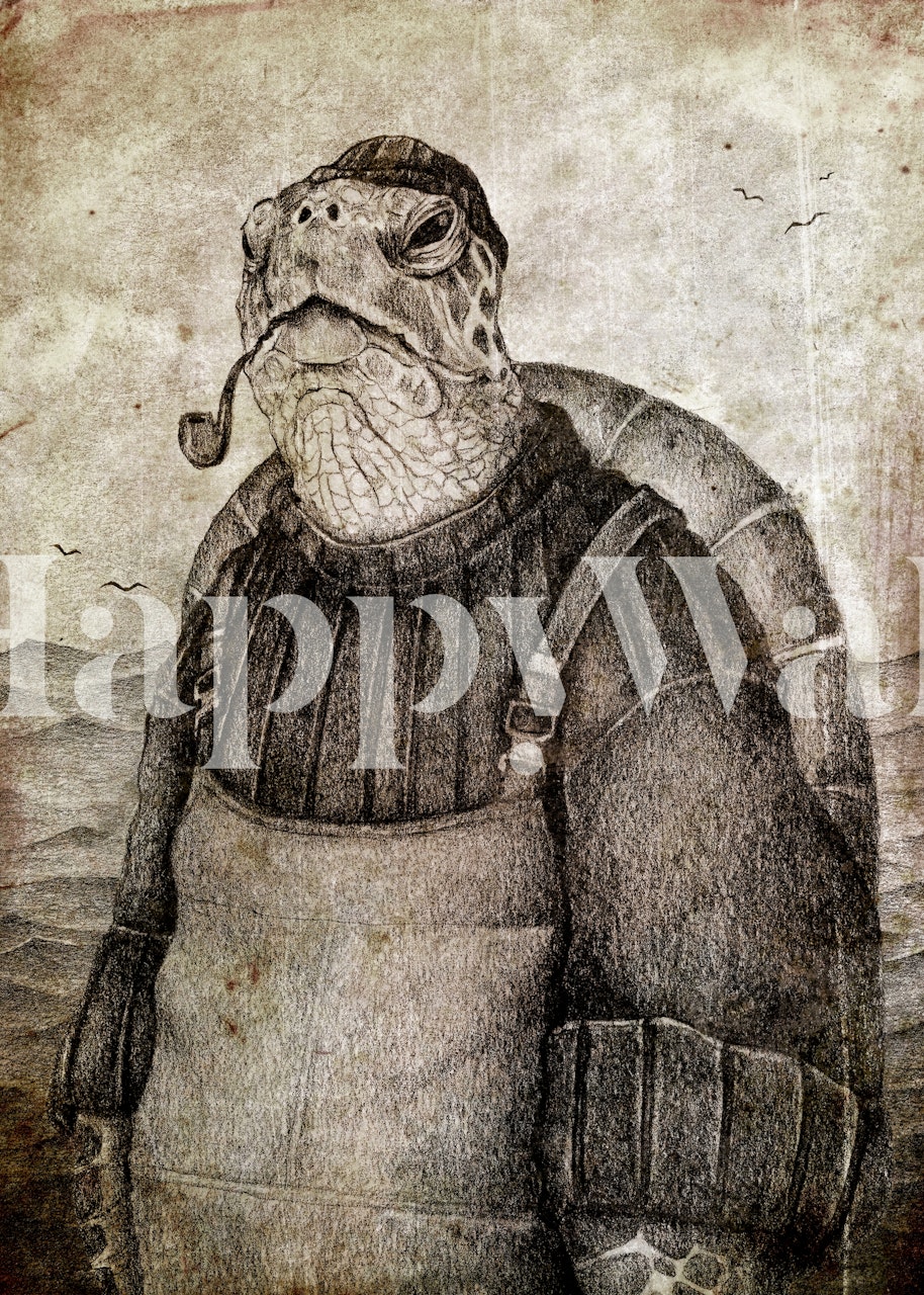 Nautical-themed wall mural featuring a rustic sea captain standing firmly, with a sepia vintage backdrop.