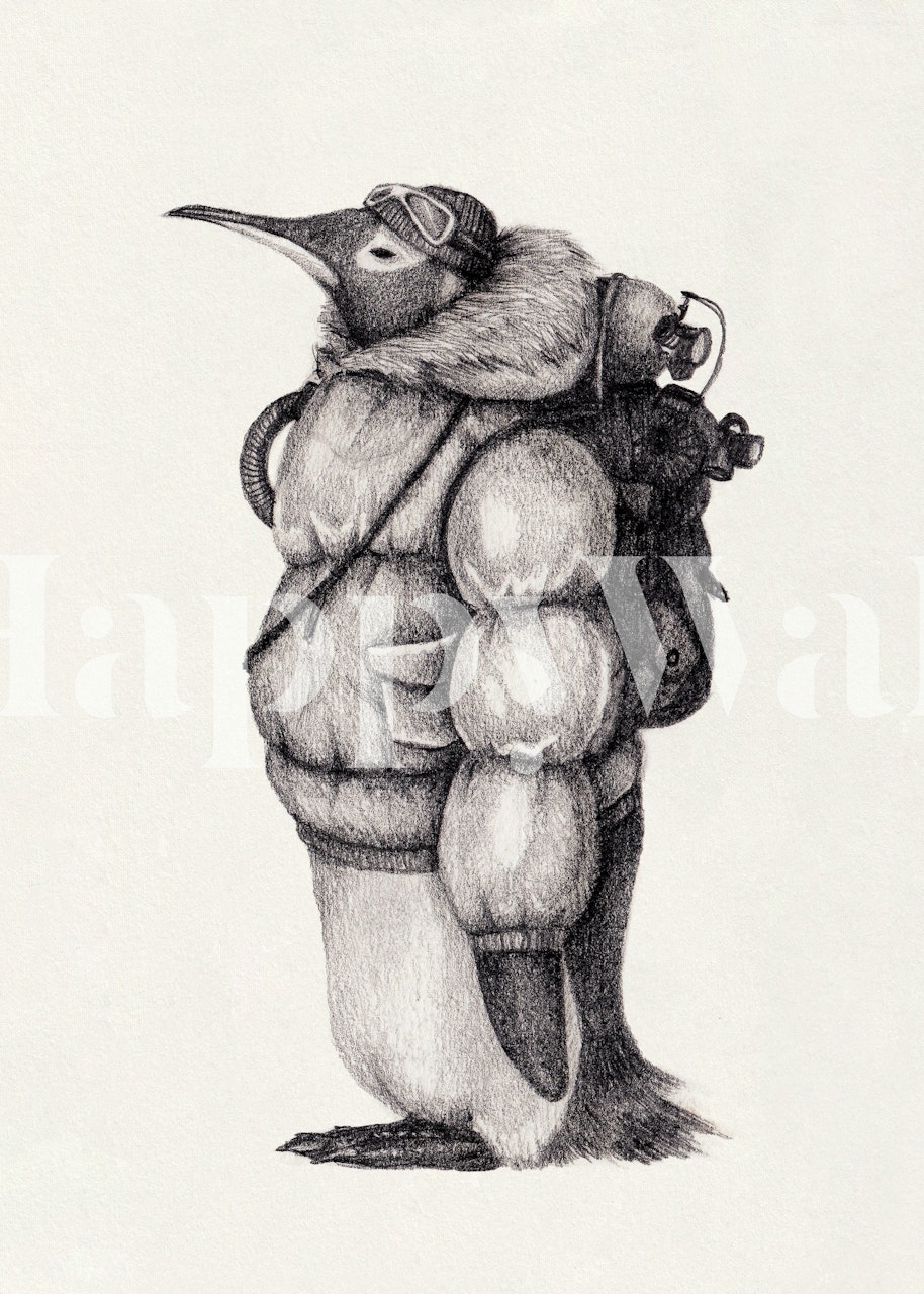 Illustration of a penguin in winter gear with backpack, black and white wallpaper