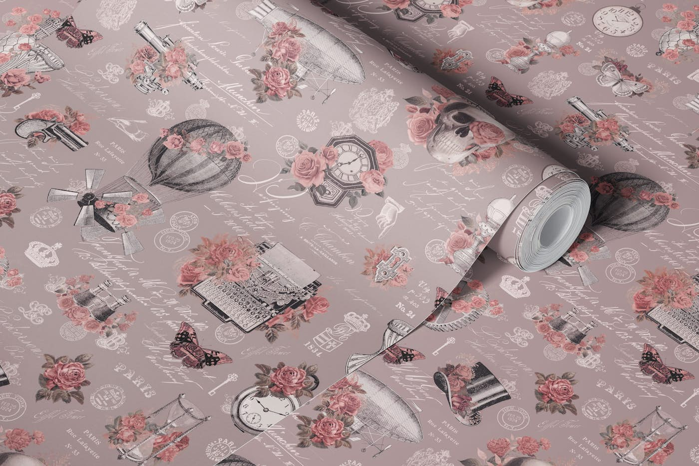 Steampunk Rose Romance Floral Blush wallpaper roll