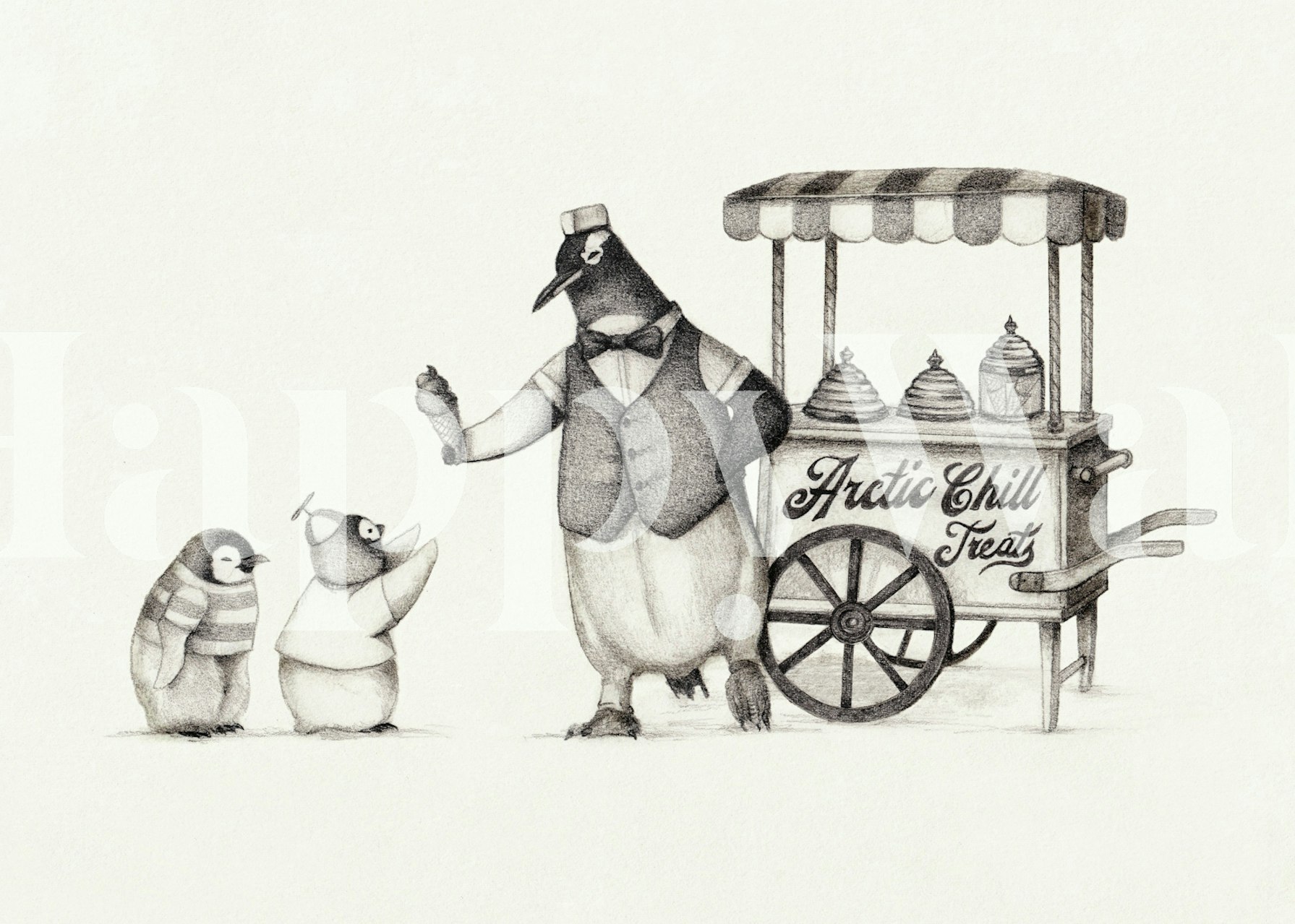 Fototapeten Illustration eines pinguin-eisverkäufers mit arktischen kunden