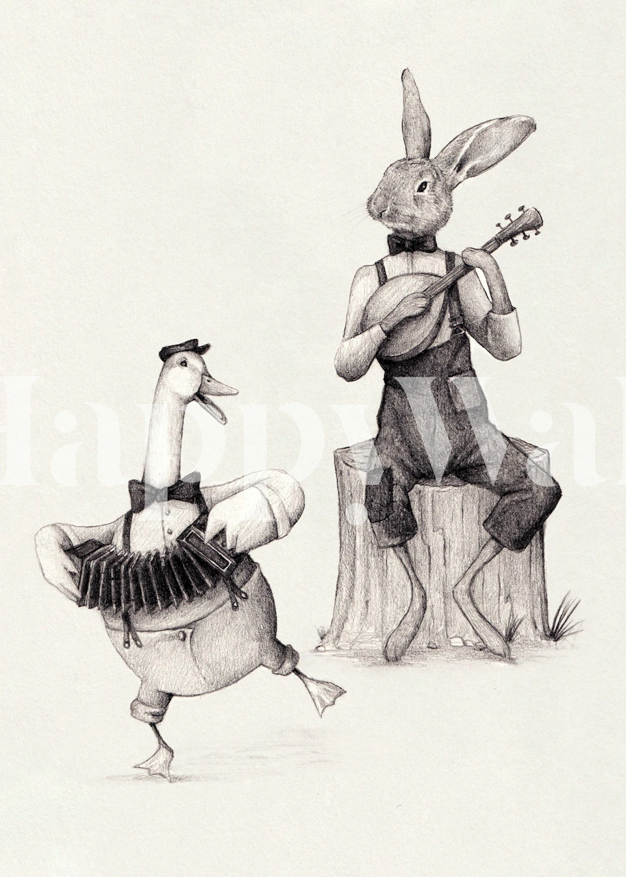 Whimsical animal illustration of rabbit and goose wallpaper