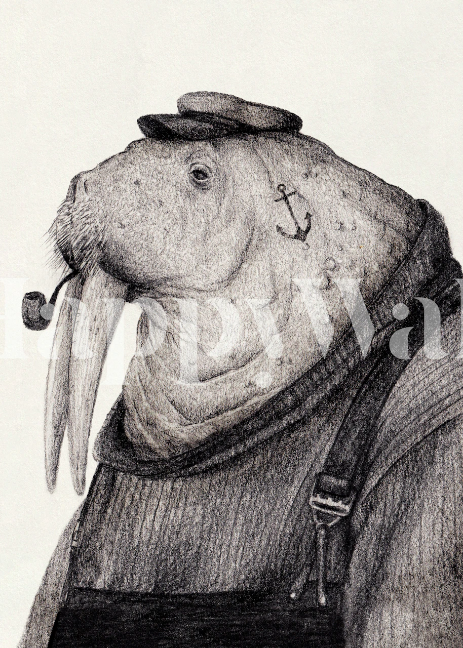 Whimsical walrus sailor illustration wall mural