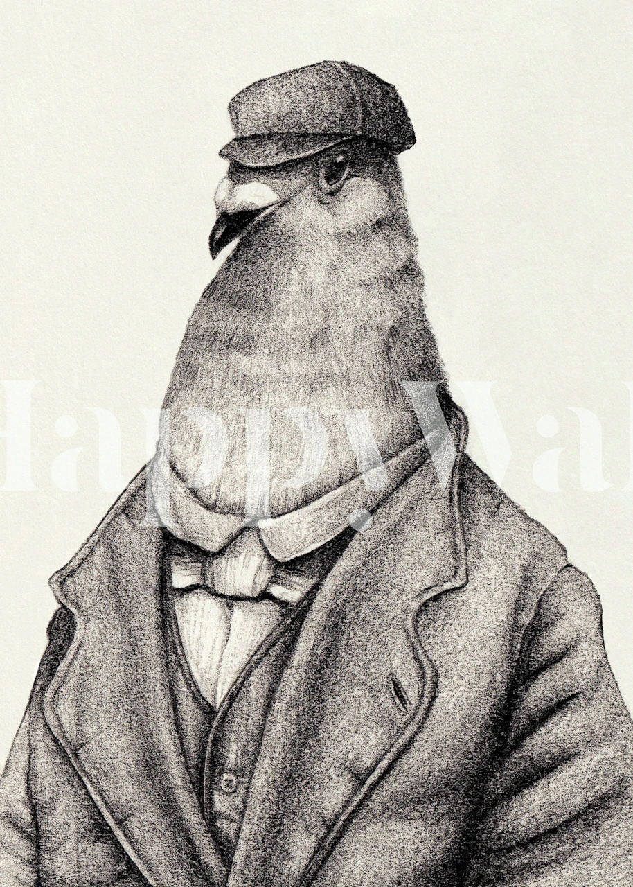 Illustration einer vermenschlichten Taube in Vintage-Kleidung