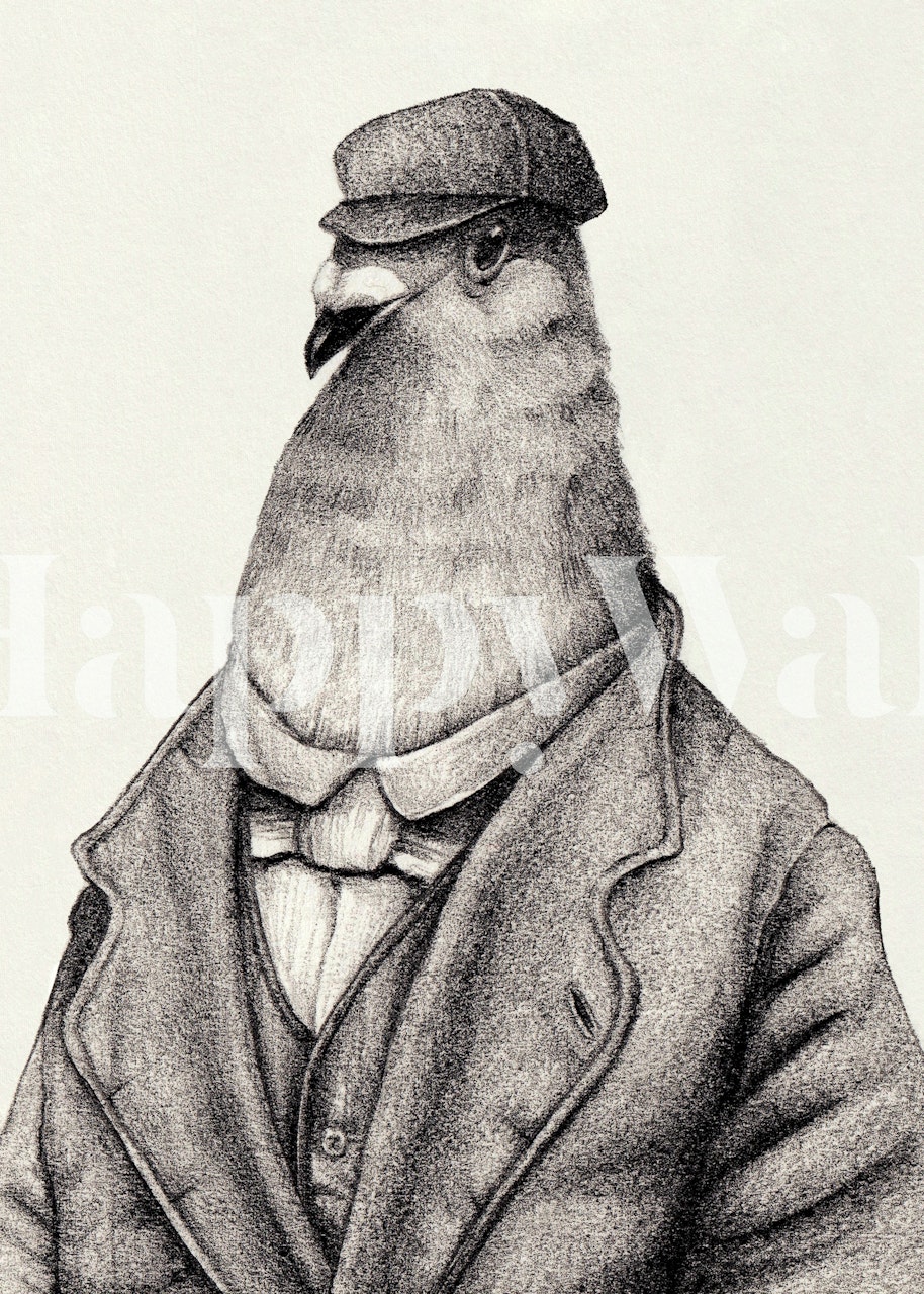 Illustration of a humanized pigeon dressed in vintage clothing