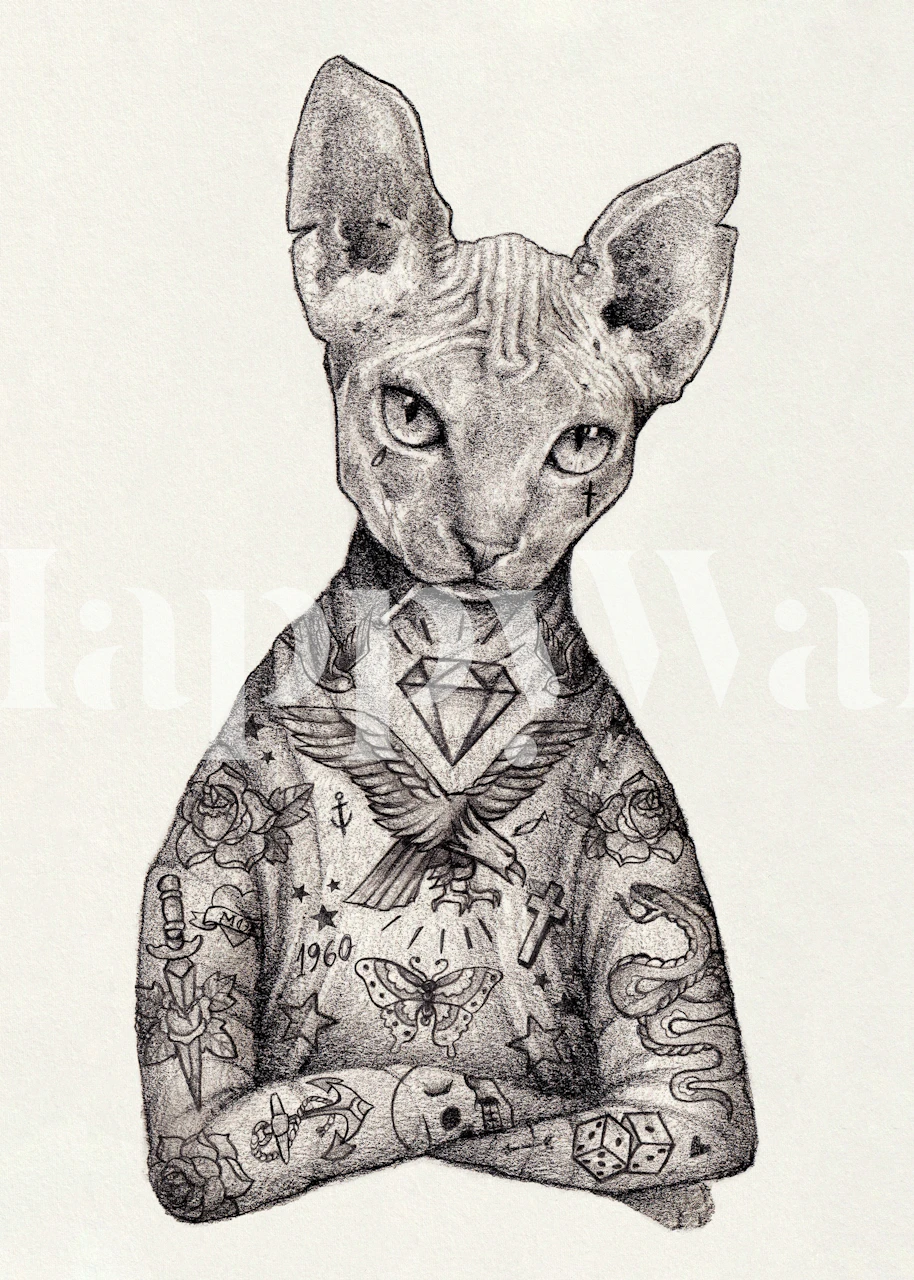 Illustration of a Sphynx cat with tattoos in black and white wallpaper