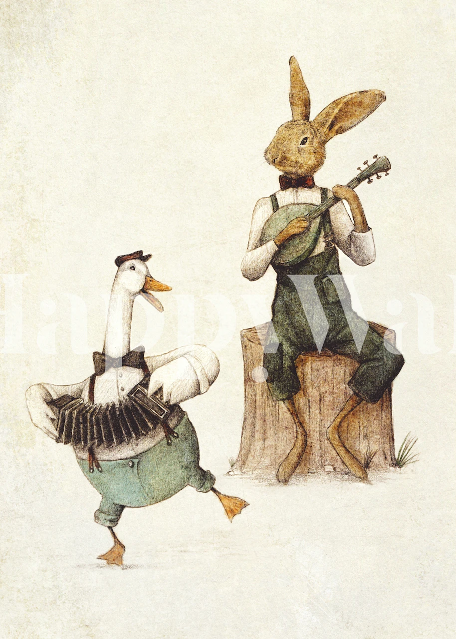 Whimsical feathered and furry wallpaper in a room