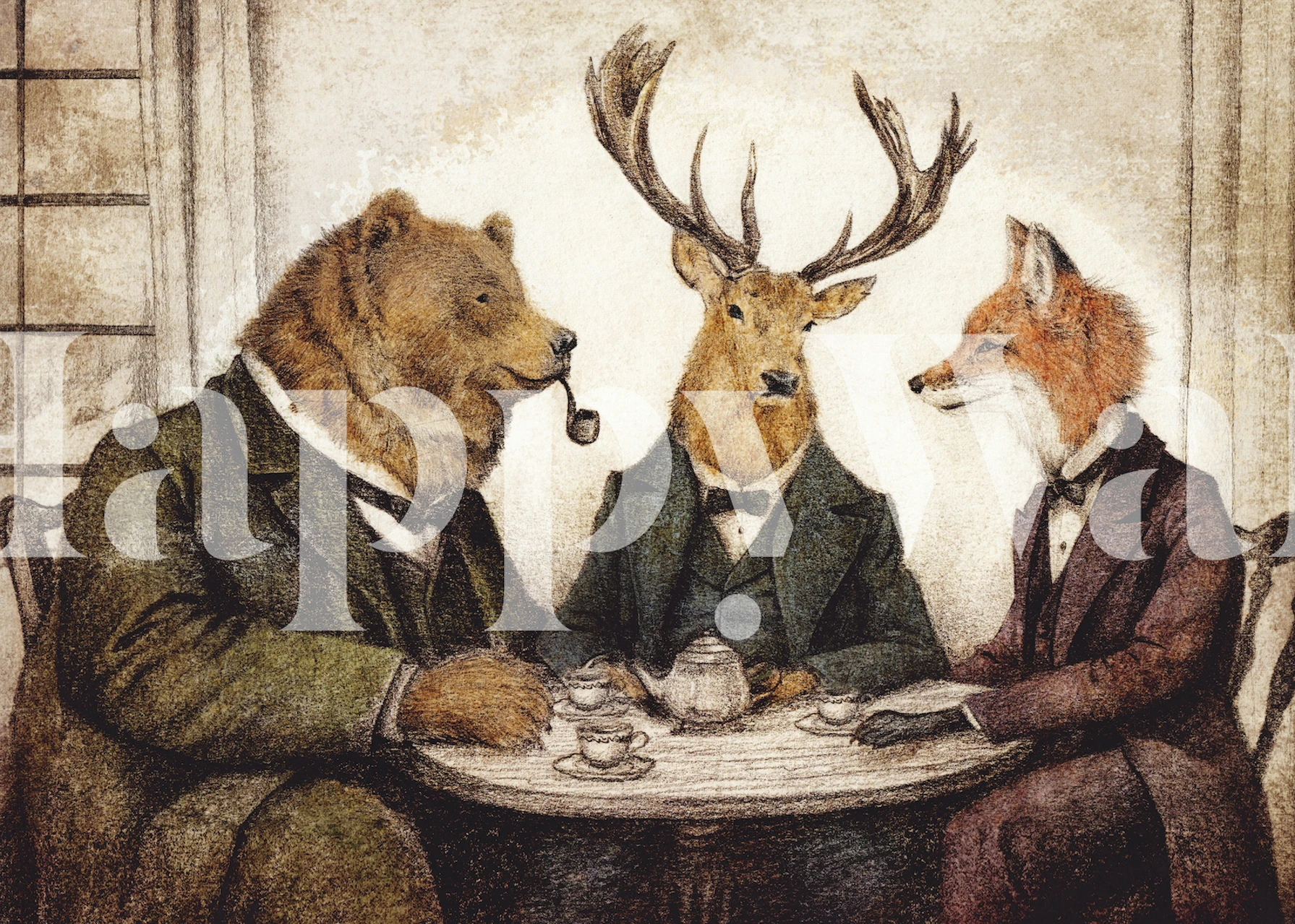 Three animals with human traits having tea: a bear, deer, and fox in vintage attire. Watercolor style wallpaper