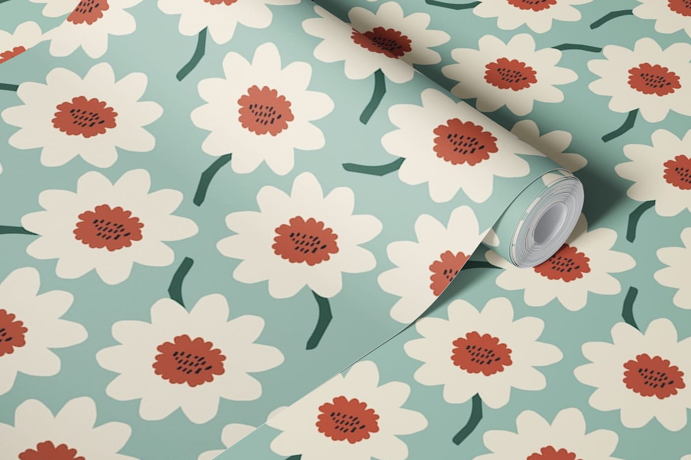 Flower Field Pattern - SMALL green & rust wallpaper roll