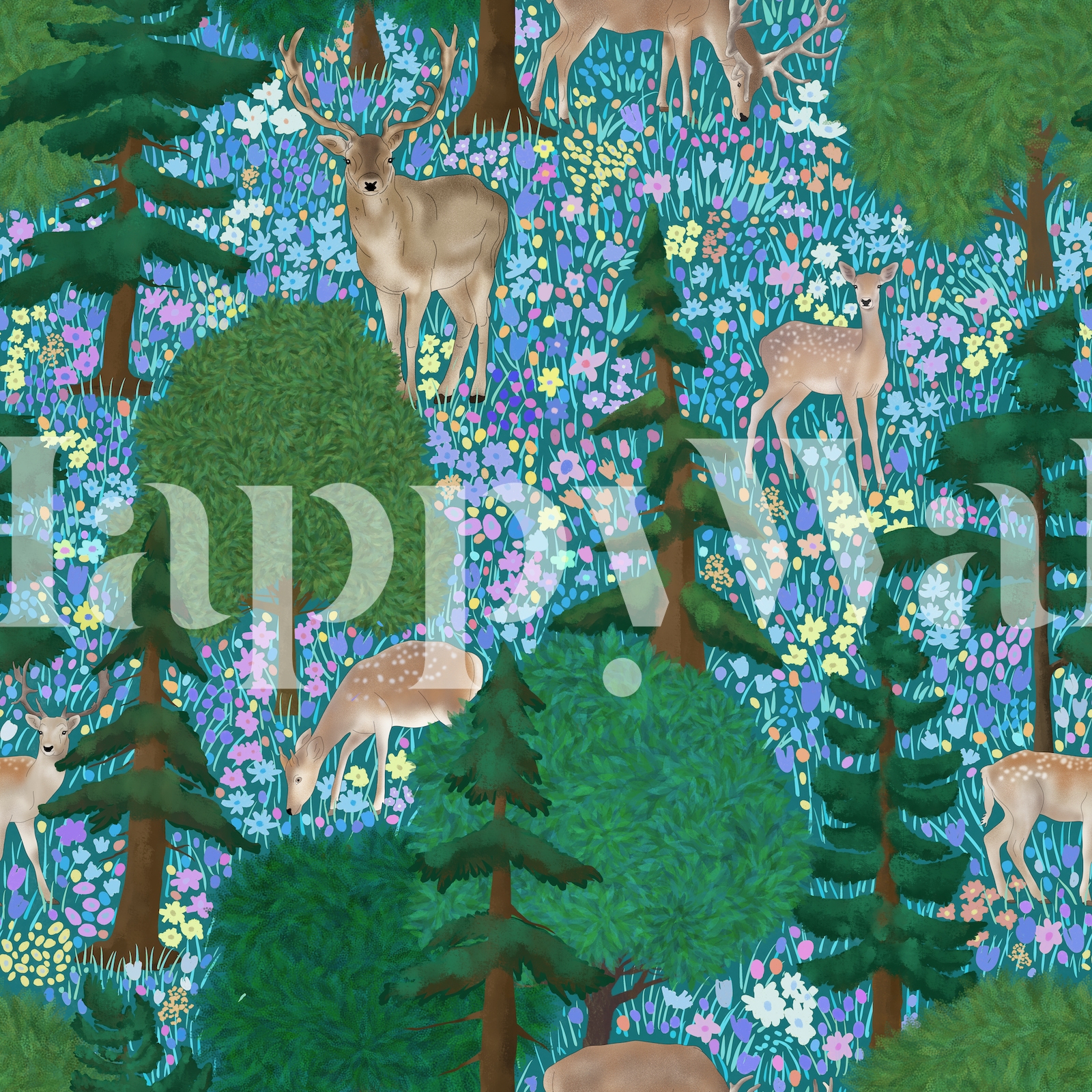 Deer in a Magical Meadow Wallpaper | Happywall