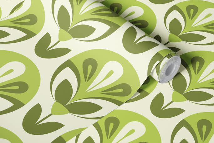 Retro flowers pattern, green (2175 D)wallpaper roll