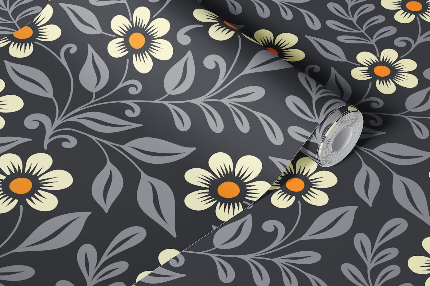 Hand drawn wildflowers pattern, grey (2205) wallpaper roll