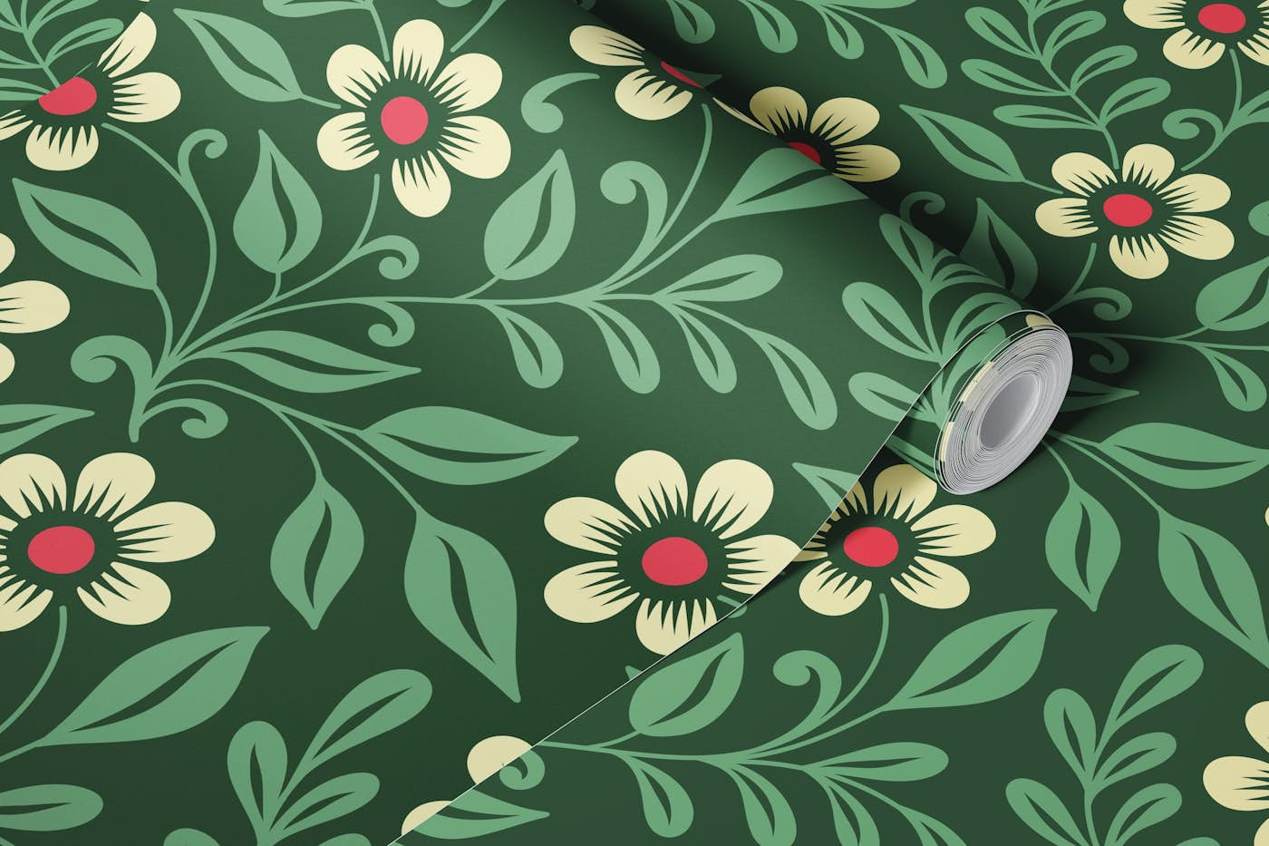 Hand drawn wildflowers pattern, green (2206) wallpaper roll