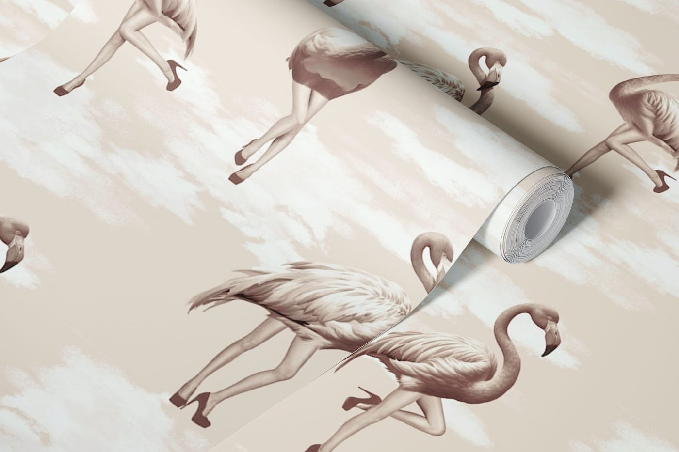 Flamingo Girls in beige sepia brown wallpaper roll