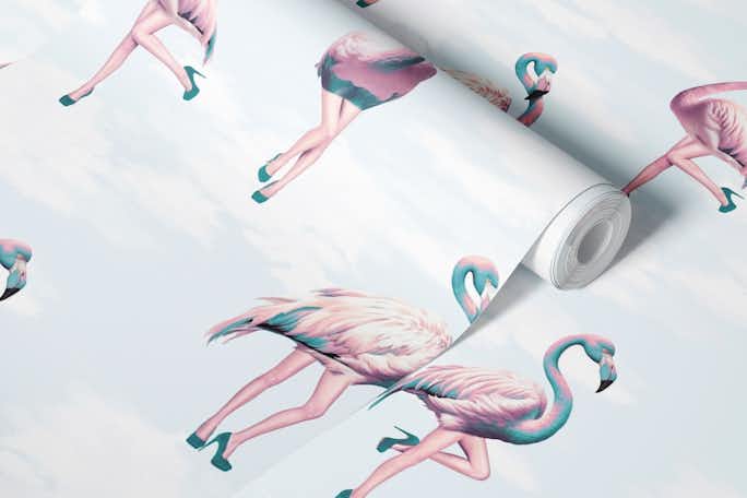 Flamingo Girls in aqua blue pink tealwallpaper roll