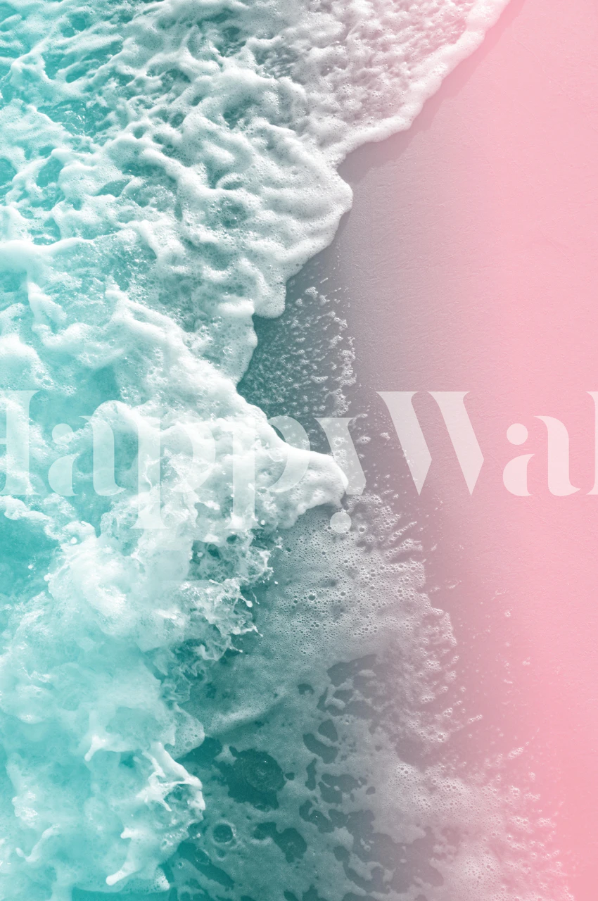 Ocean waves mural blending into pastel pink gradient