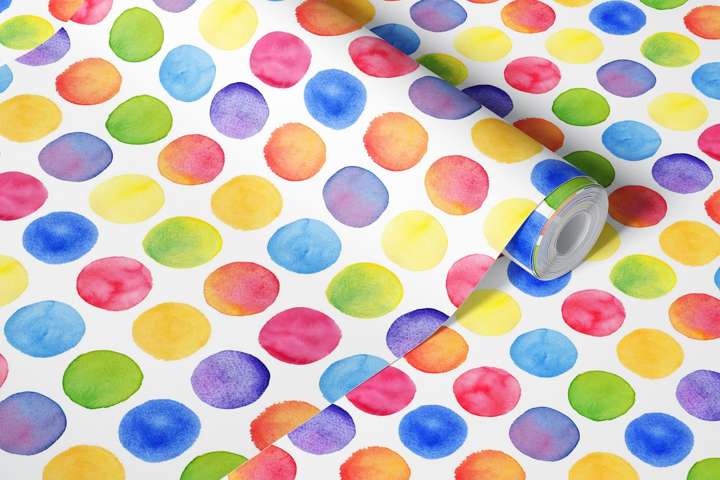 Rainbow wonky watercolour spots large scale wallpaper roll