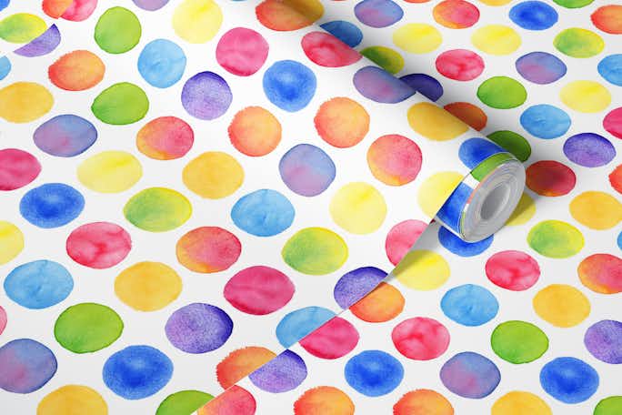 Rainbow wonky watercolour spots large scalewallpaper roll