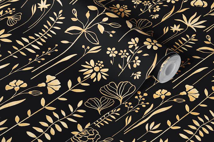 Golden Art Deco flowers on blackwallpaper roll