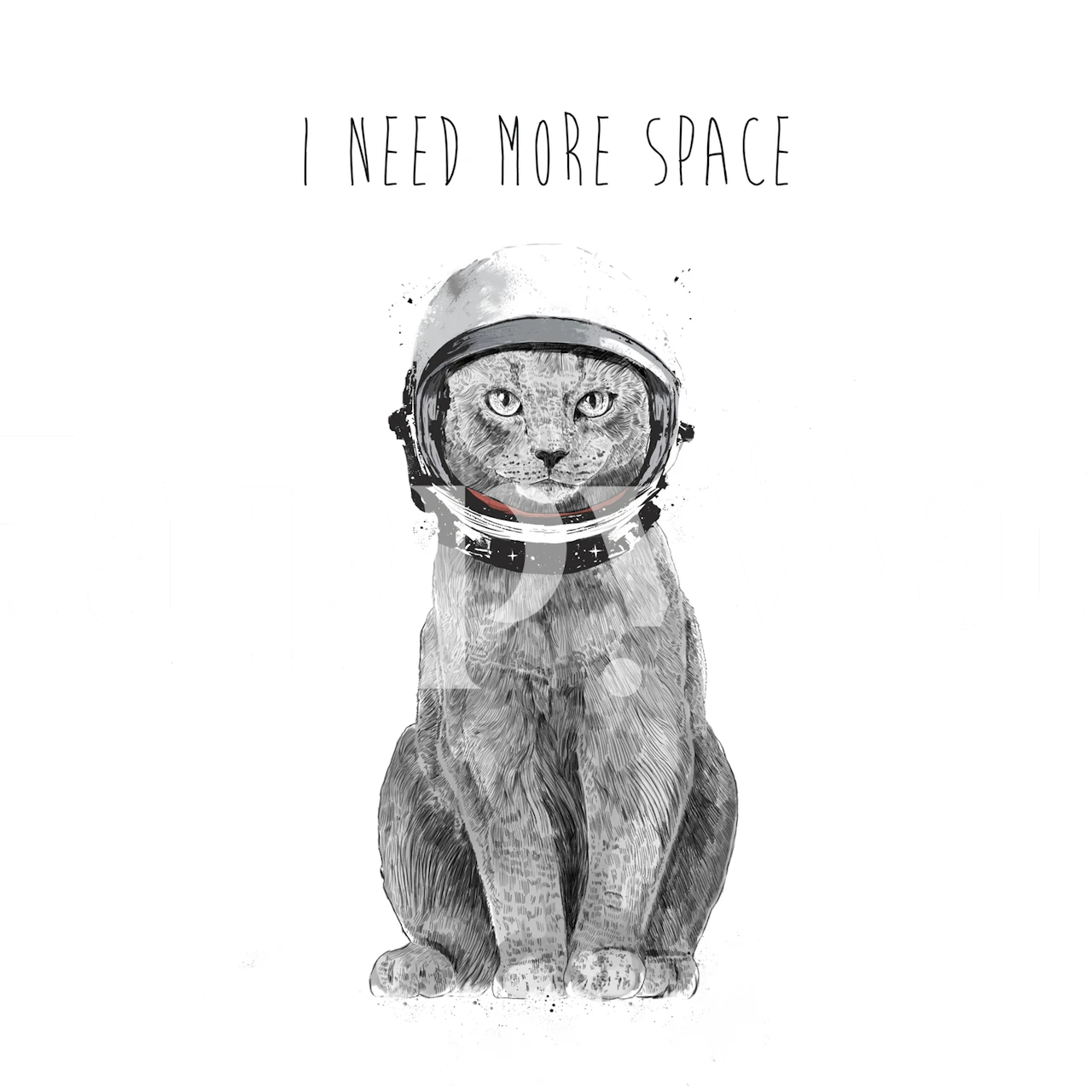 Papier peint mural chat dans un casque d'astronaute avec le texte I Need More Space