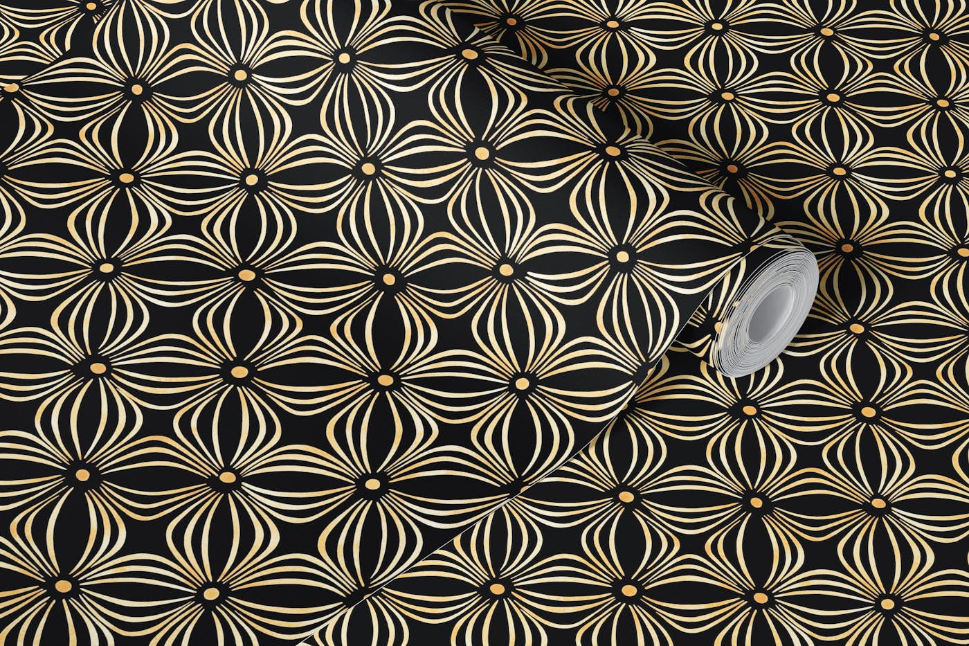 Golden Luxury Art Deco geometric floral wallpaper roll