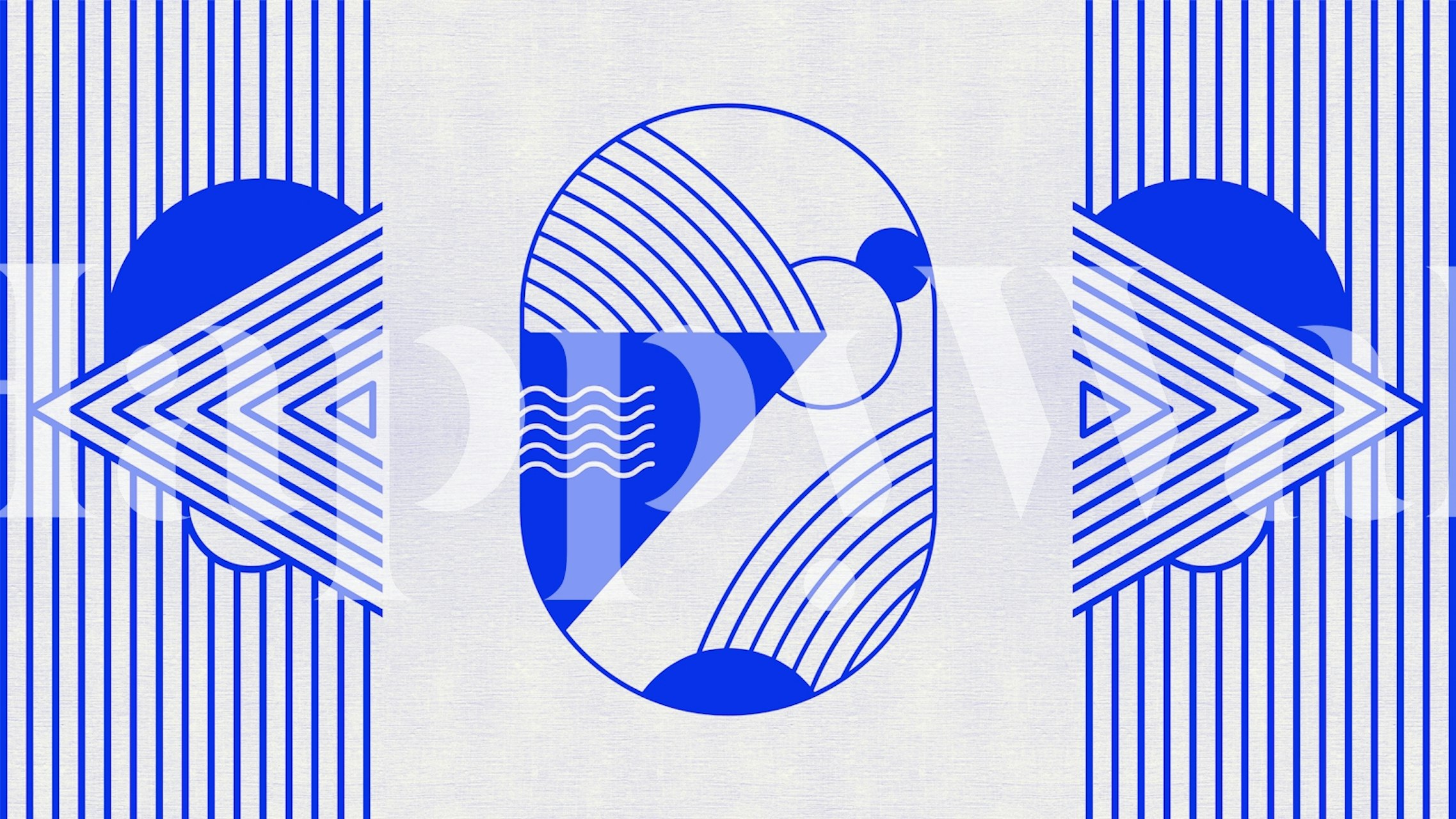 Retro 1950'er stil kosmisk drøm udforsker vægmaleri med abstrakte geometriske former i blå og hvid.