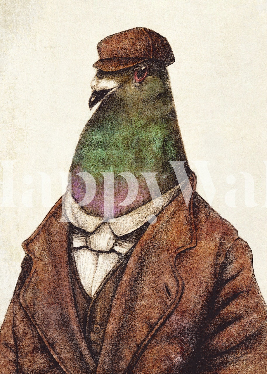 Whimsical pigeon wallpaper in a room