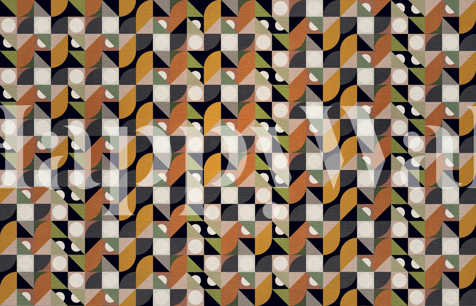 Geometric pattern wallpaper in muted colors of orange, black, green, and white