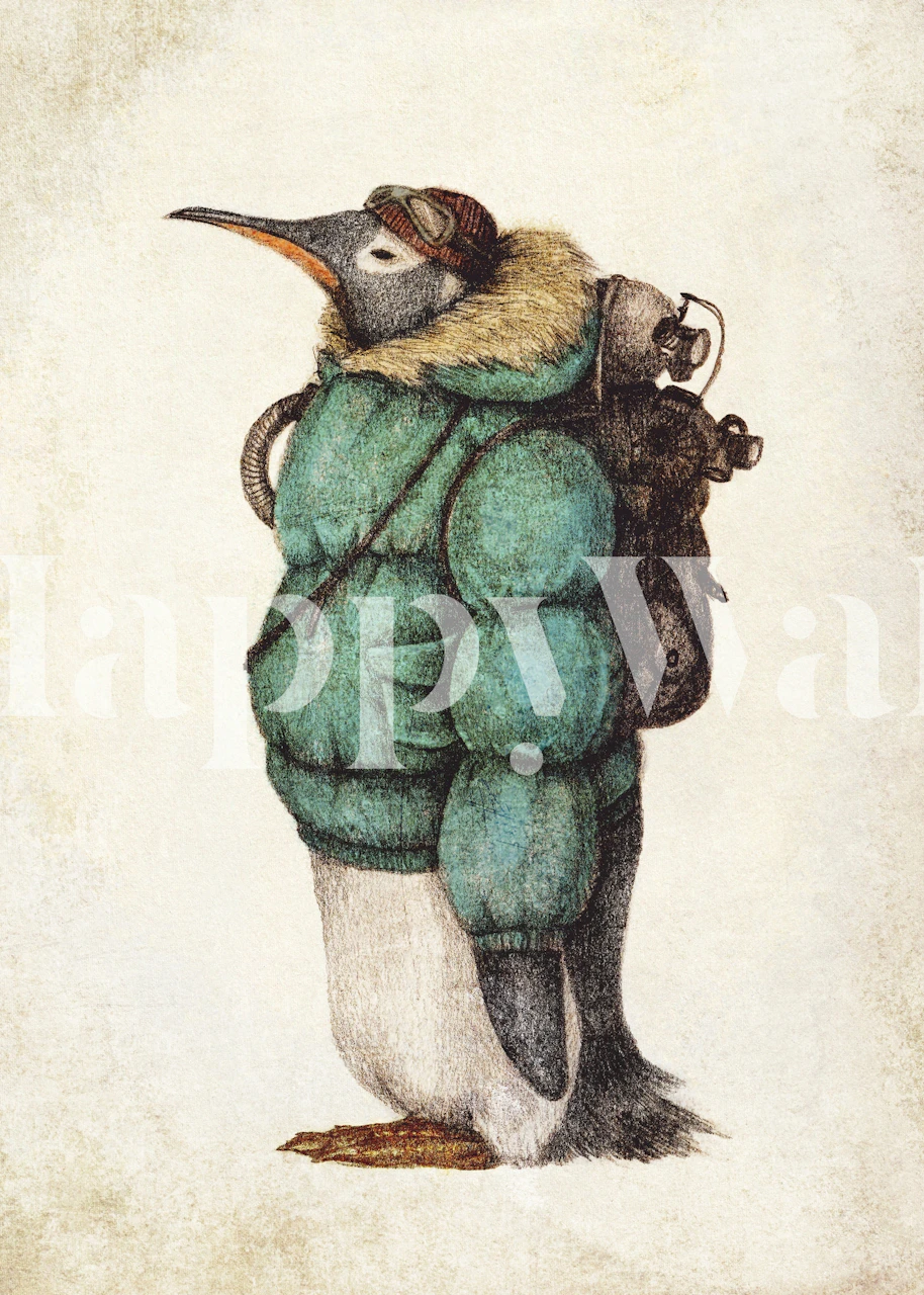 Pingouin en manteau vert avec sac à dos sur fond beige, style mural.
