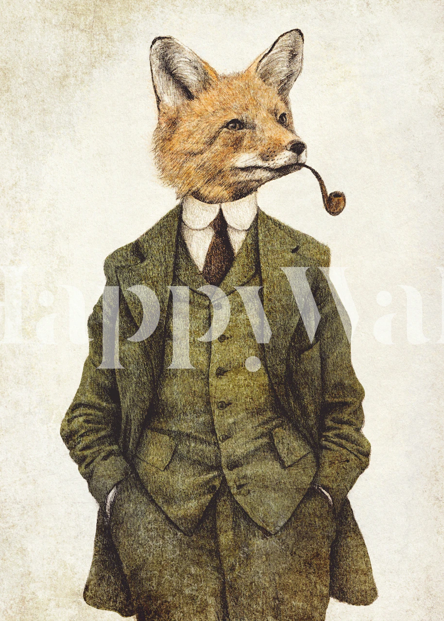 Fox character in a suit with a pipe, vintage style wallpaper