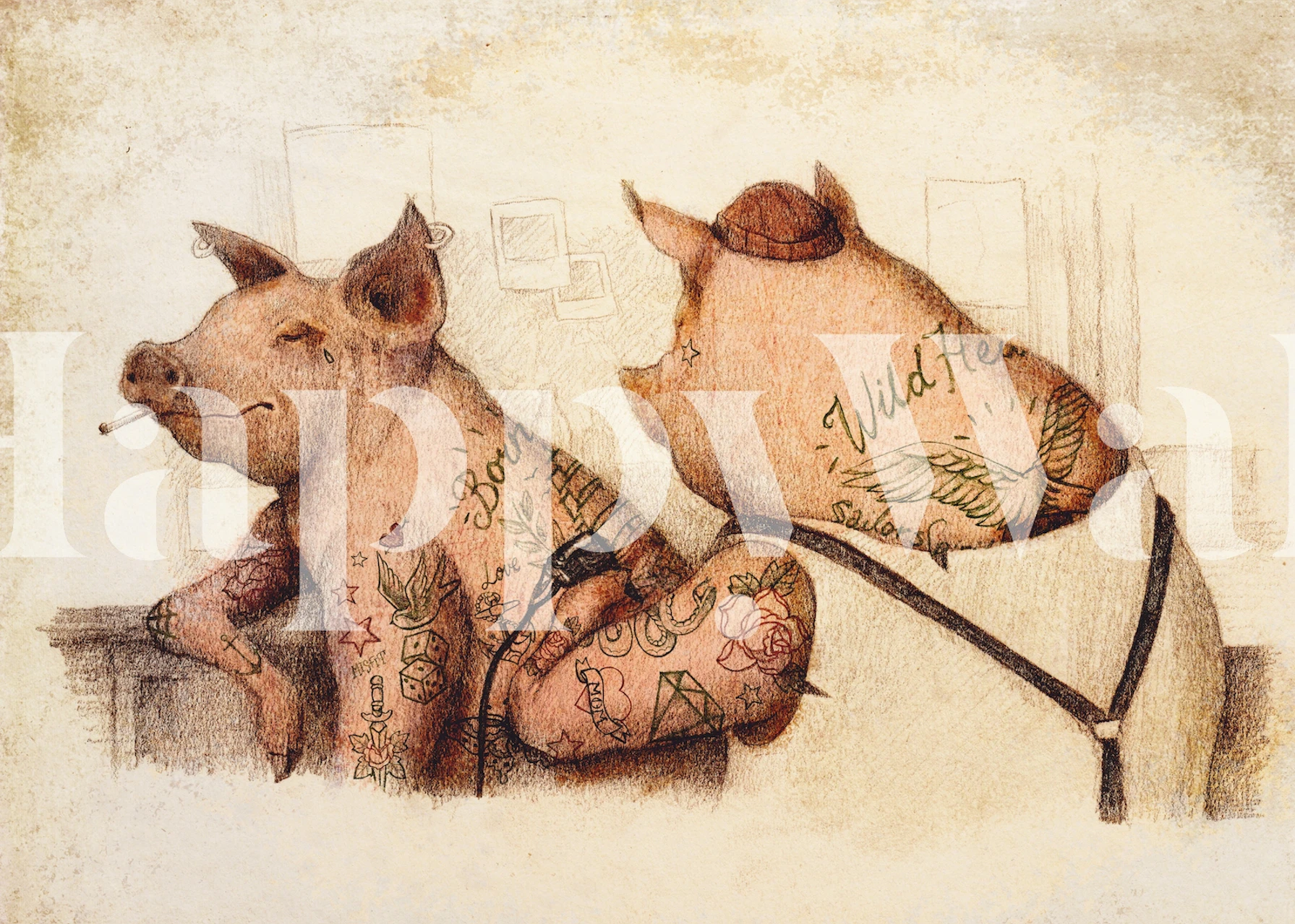 Snodig veggmaleri med to tatoverte griser med intrikate blekkdesign på en bakgrunn i vintagestil.