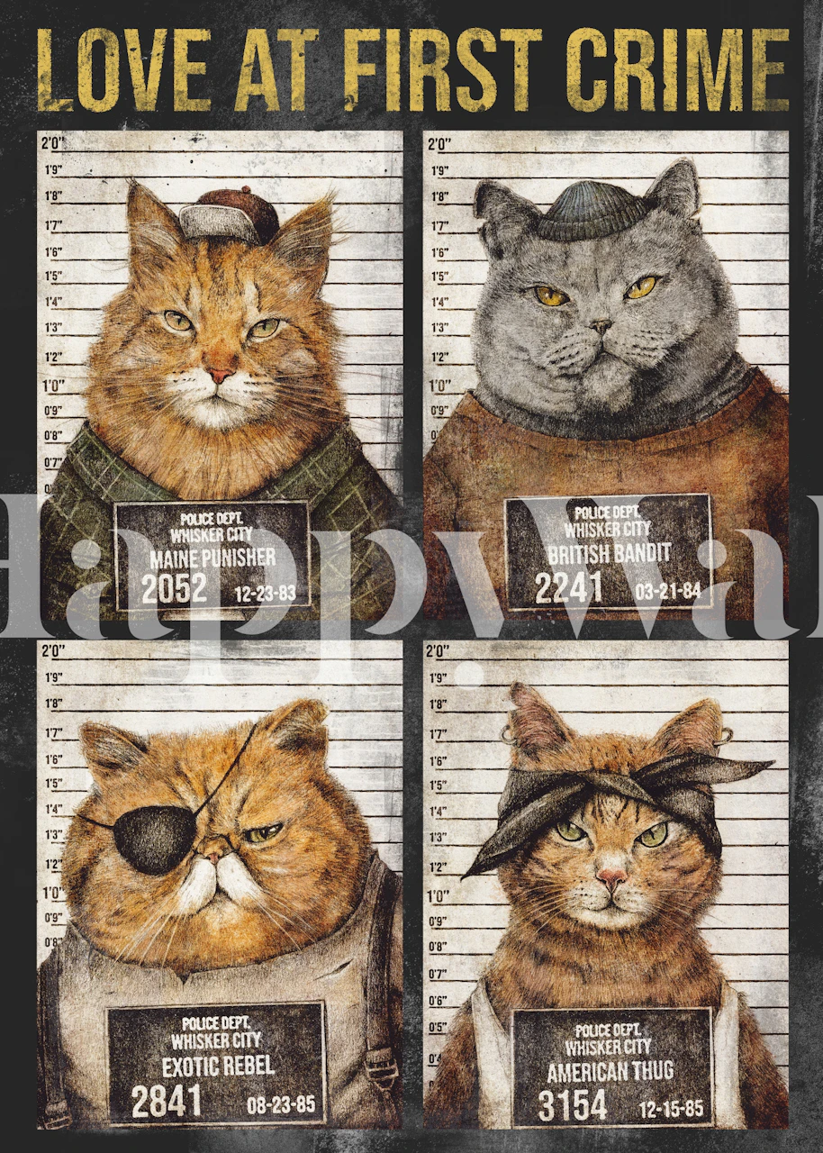 Cat mugshots on a black backdrop, whimsical cartoon style wallpaper