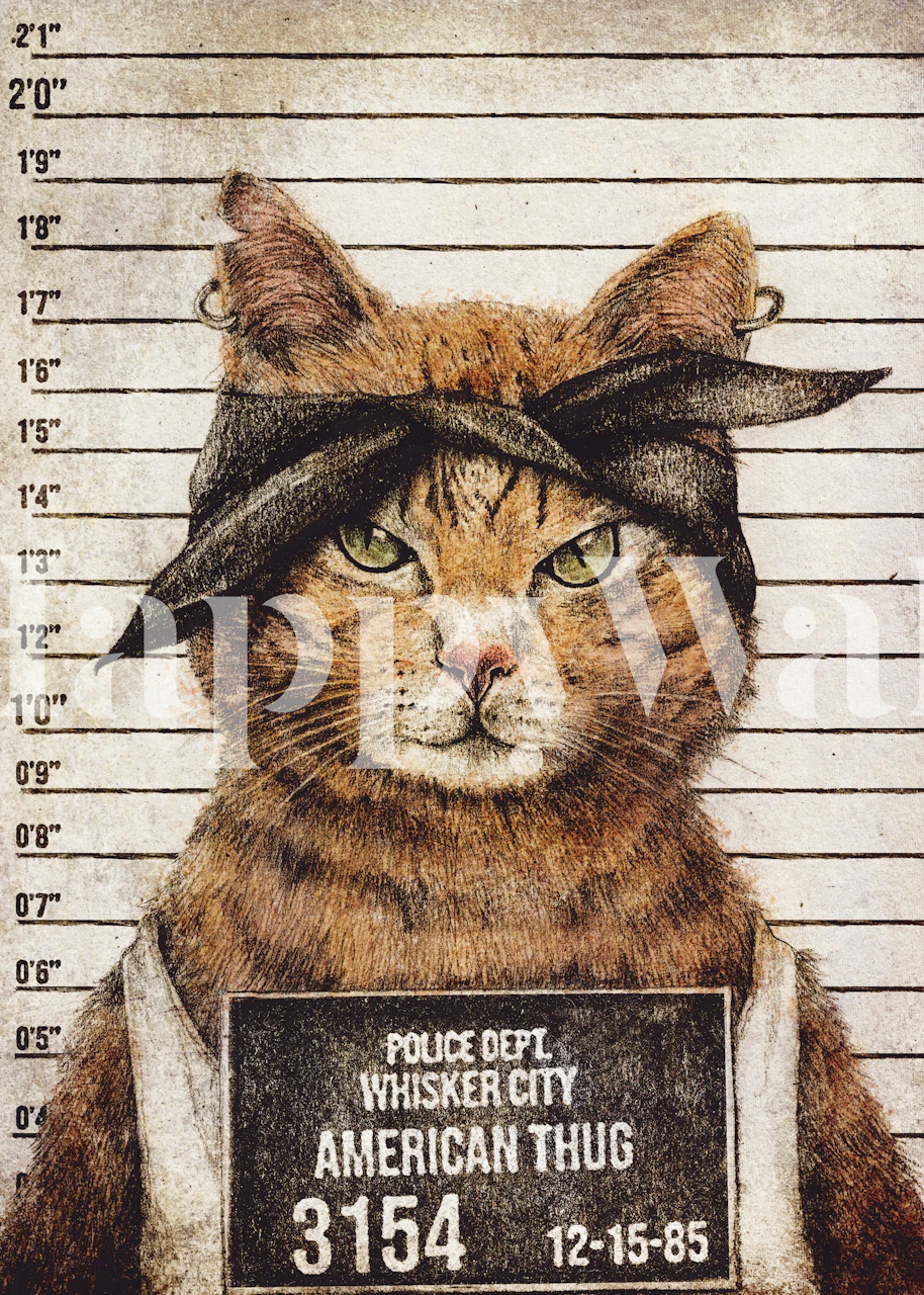 Cat mugshot against a height chart, earthy tones, humorous wallpaper