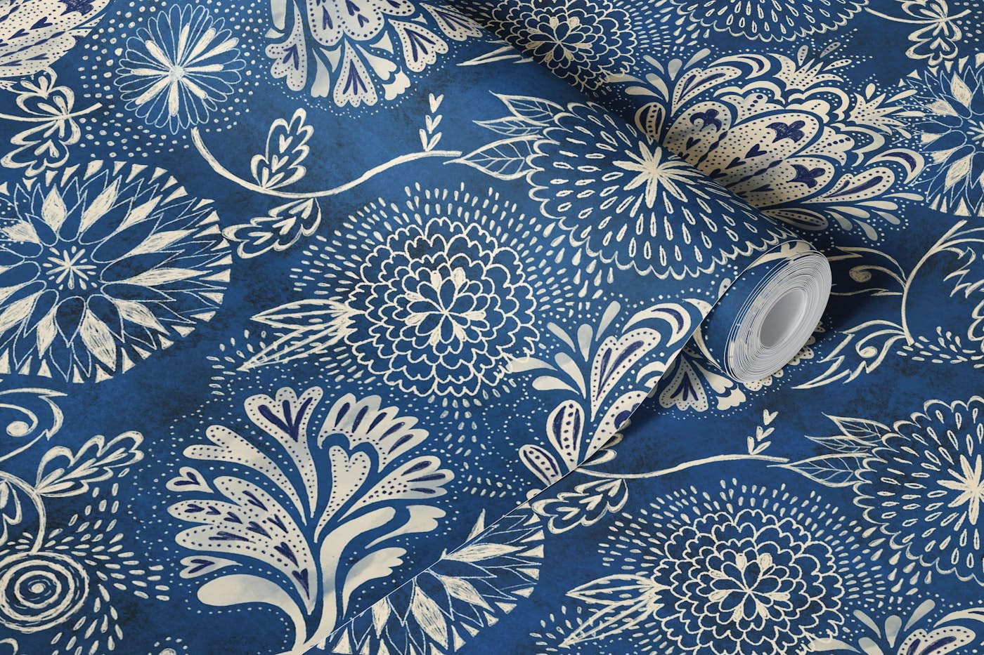 indigo blue shibori floral wallpaper roll