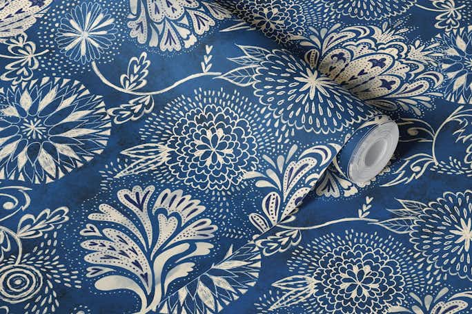 indigo blue shibori floralwallpaper roll