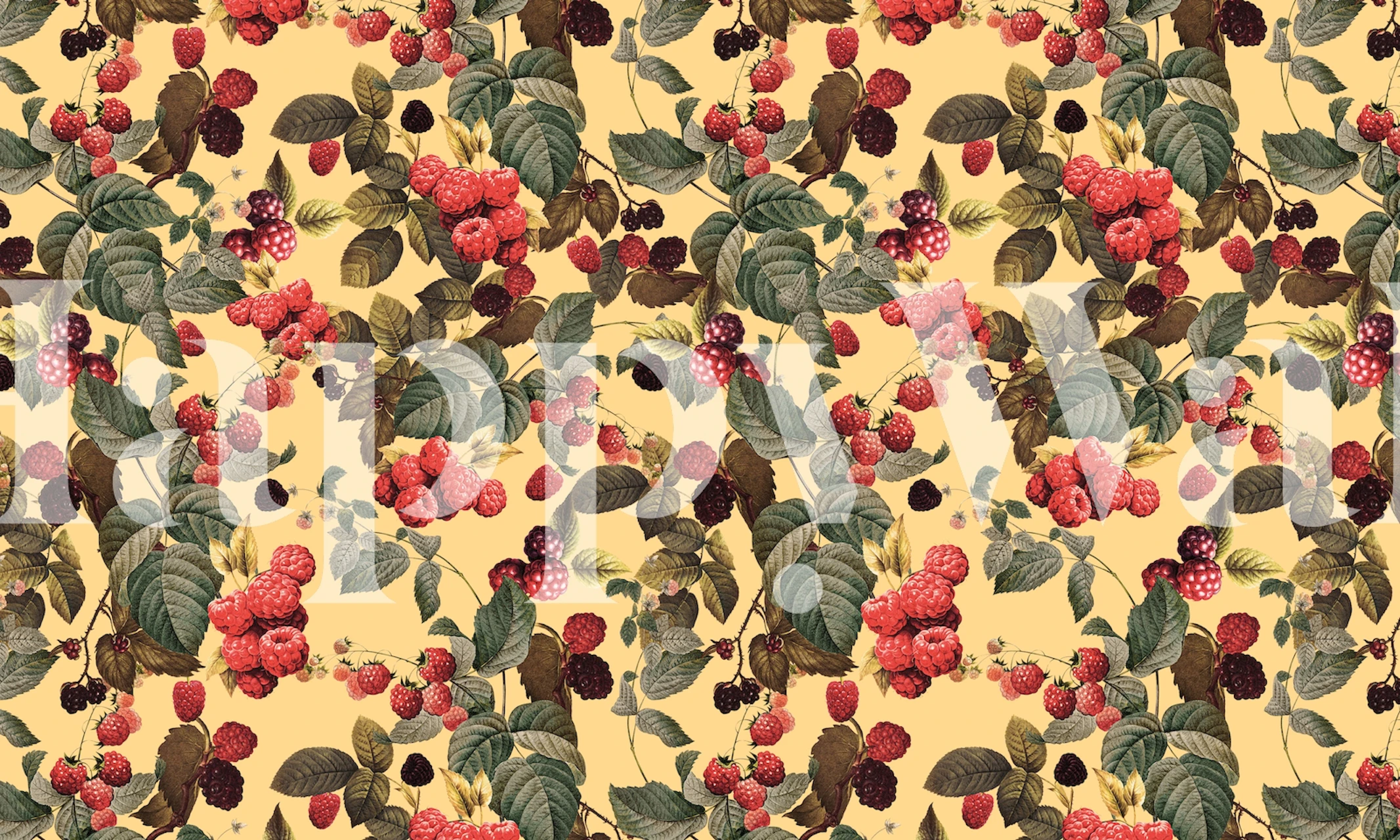 Blackberry and raspberry floral pattern on yellow wallpaper